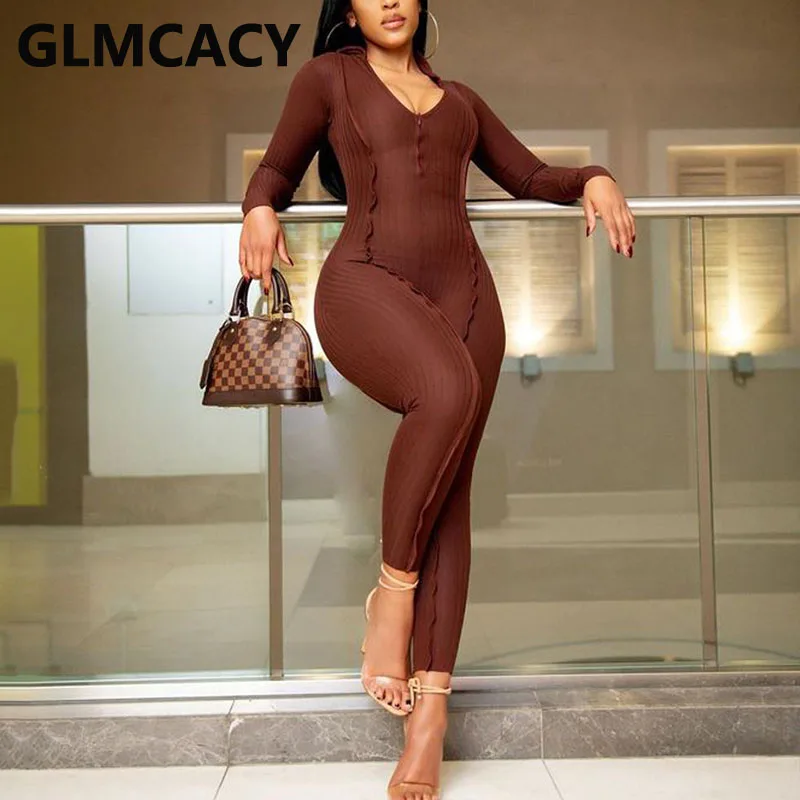 

Women Long Sleeve V Neck Ribbed Slim Jumpsuit Casual Solid Overalls