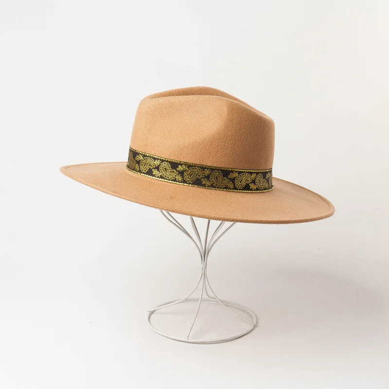 Autumn Winter Fashion wool Embroidery decorative ribbon Wide Jazz Shopping Tourist Style Felt Fedoras Hats for Women Men