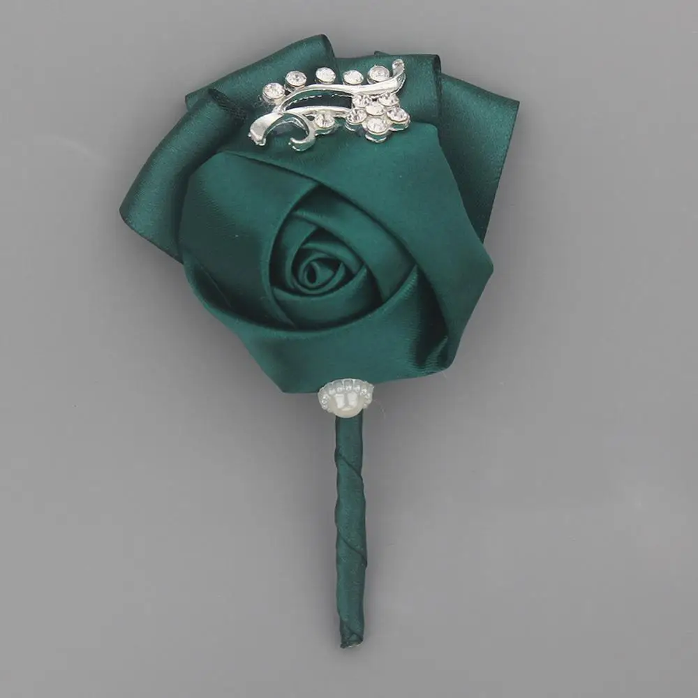 dark green Свадебная бутоньерка для жениха винная Роза из красного атласа цветы корсаж de mariage Пром Брошь с кристаллами цветы de novia XH1300-2 - Цвет: dark green