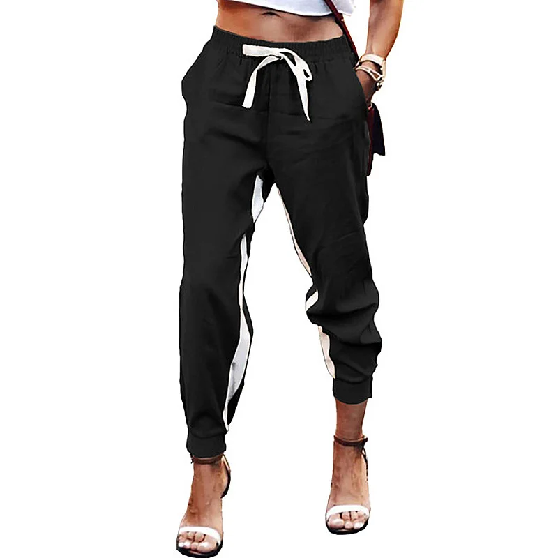 

Women's Solid Color Stitching Elastic Lace-up Toe Casual Pants Black Blue Army Green Trouser