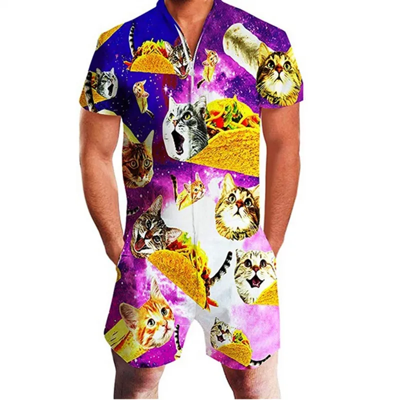 taco cat New Mens Rompers 90s Jazz Solo 3D Paper Cup Printed Jumpsuit Harem Cargo Overalls Summer Hip-Hop Casual Bibs Pants Dropship - Цвет: taco cat