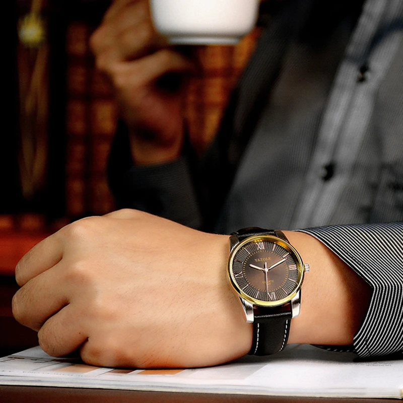 Часы Yazole Мужские кварцевые спортивные деловые с кожаным ремешком отображением