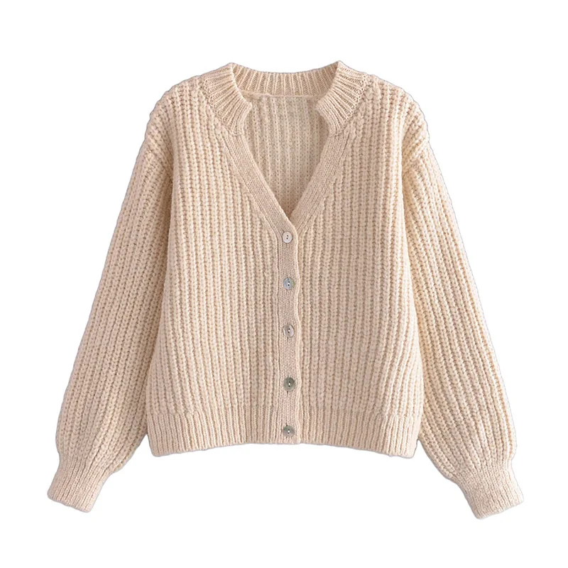 

XNWMNZ 2021 Women Fashion knit cardigan with buttons Retro casual long puff sleeves Sweater coat female Knitted jacket top