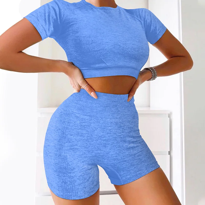 

2020 Wholesale Sexy Knit Two Piece Tracksuit Sets Clothes for Women Crop Top and Biker Shorts Sweat Suit Club Workout Outfits