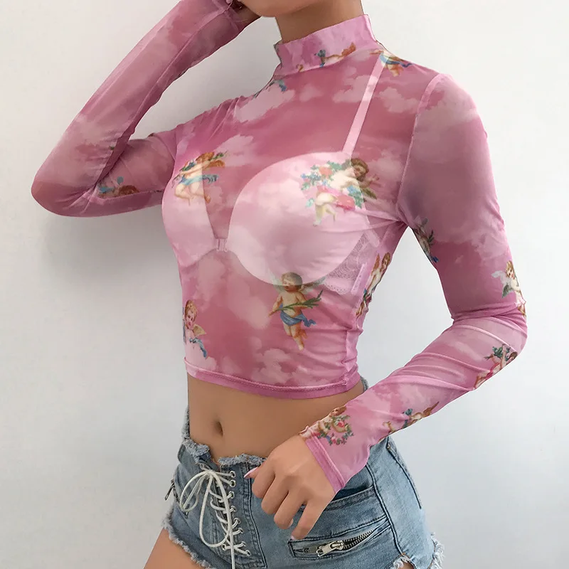

WEPBEL Fashion Women Flower Transparent Mesh Sheer Crop Top T-Shirt Blouse Tee Tops