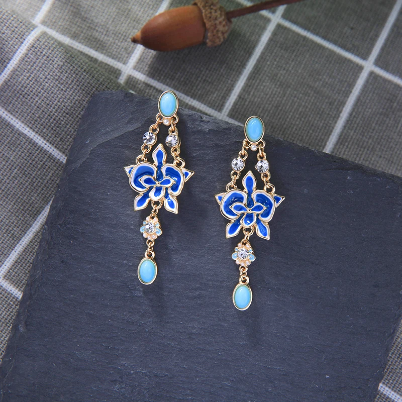 Серьги с синей эмалью золотого цвета большие серьги кристаллами женские модные