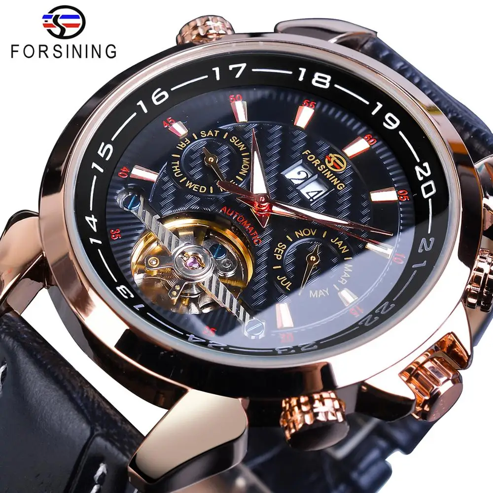 

Forsining Rose Golden Tourbillon Mechanical Watches Classic Automatic Skeleton Date Genuine Leather Male Clock Reloj Hombre 2019