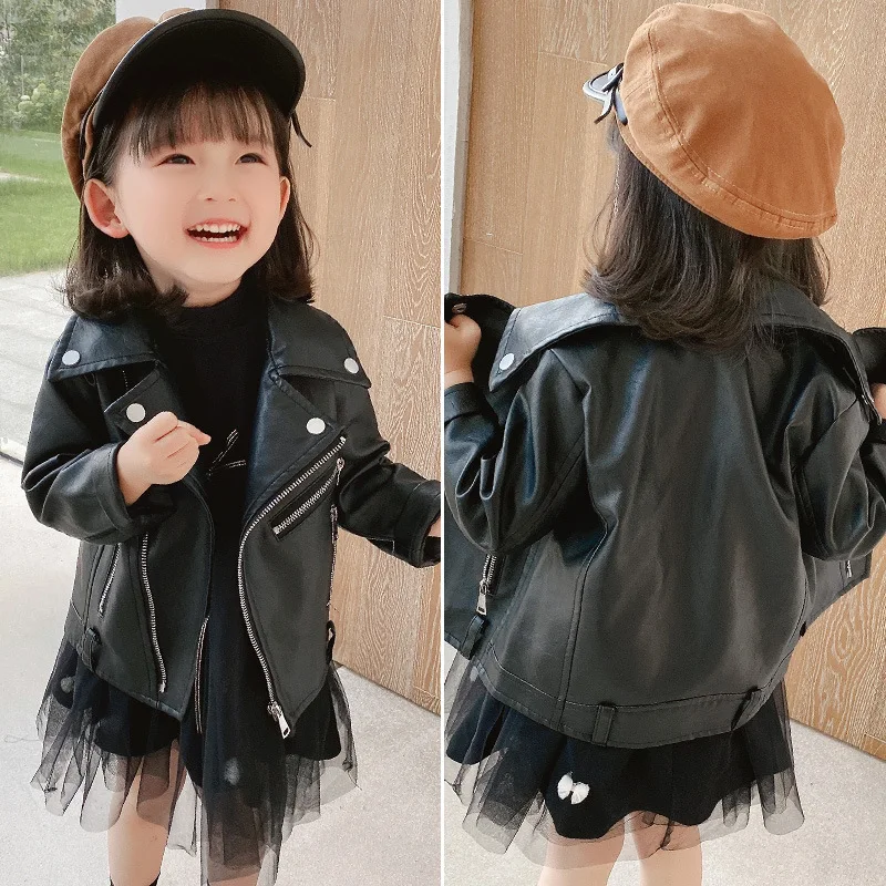 Куртка из искусственной кожи на молнии для девочек однотонная Детская куртка