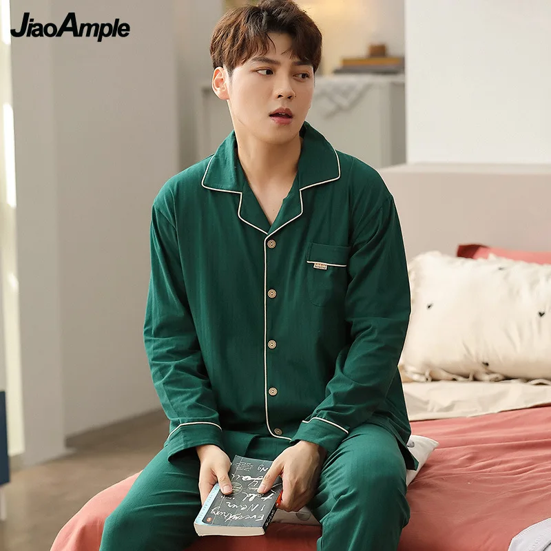 100% Cotton Pajamas Men's Spring Autumn New Cardigan Long-sleeved Trousers Pijamas Two-piece Set Nightie Home Clothes Suit