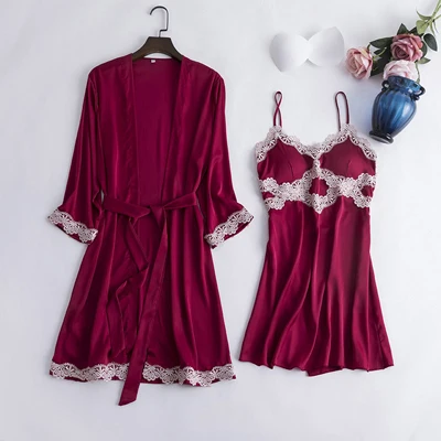 wine red set Fiklyc нижнее белье женский сексуальный халат с длинными рукавами+ подтяжки ночная рубашка из двух частей женские Соблазнительные ночнушки атласные и кружевные - Цвет: wine red set