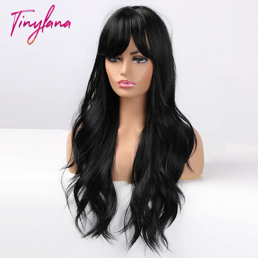Парик TINY LANA из чистого черного волокна с боковой челкой Длинные Синтетические