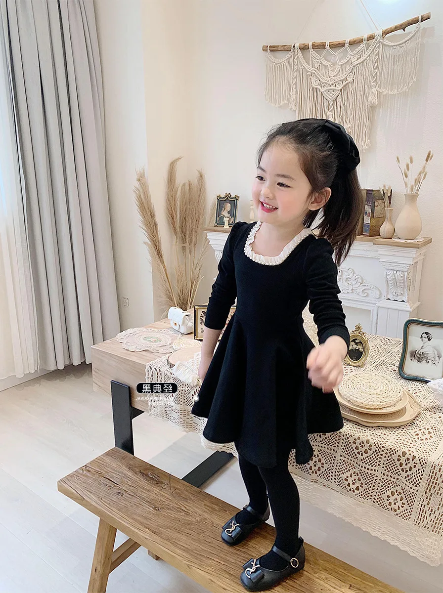 

Autumn Winter Black A-line Dress Baby Girls Long Sleeve Square Collar Korean Toddler Girl Fall Clothes 2020 Kids Vestidos