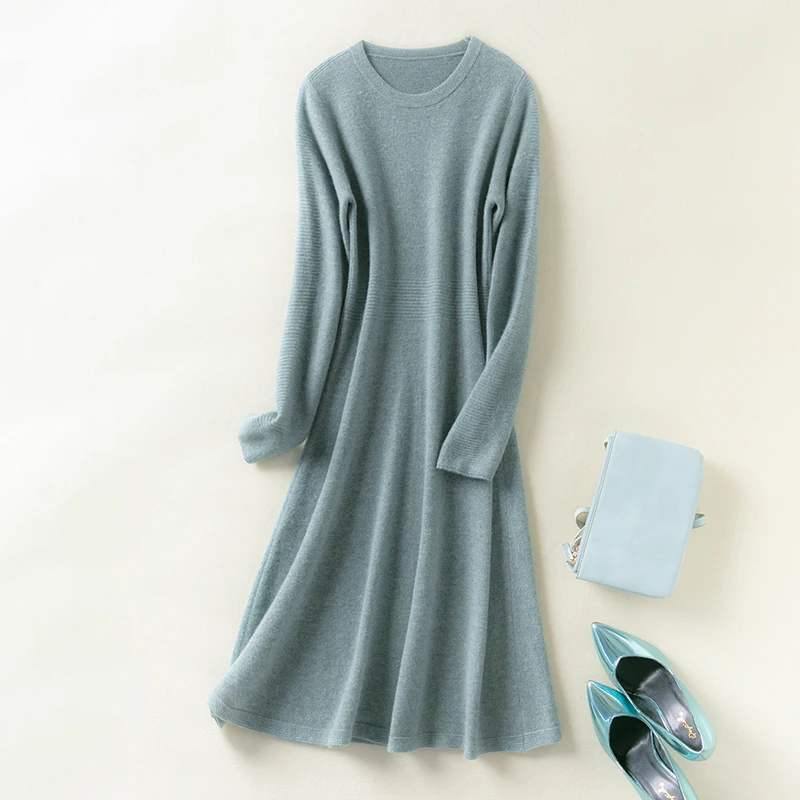 

New ladies long dress O-neck knitted cashmere long dress solid color loose long sweater Korean fashion ladies dress plus size