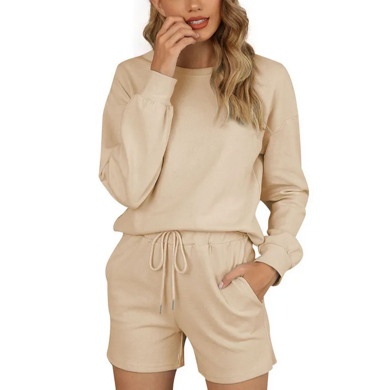 

Womens Pajamas Two-piece Set New Sport Set Pure Cotton Solid Color Home Wear Pockets Long Sleeve Top&Elastic Shorts Tracksuit
