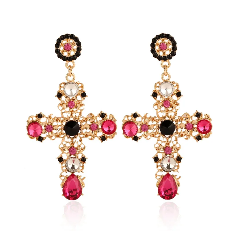 

Crystal Cross Drop Earrings for Women ZA New Pearl Vintage Black Pink Baroque Bohemian Large Long Earings Jewelry Brincos 2019