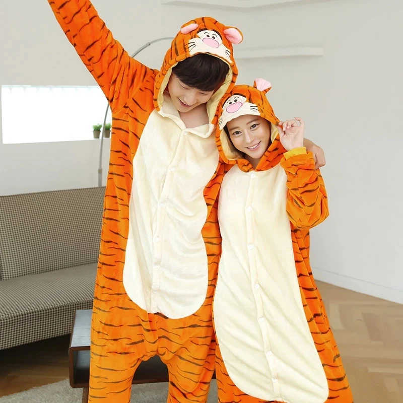 Fleece Tiger Adult Onesie Pajamas Christmas Halloween Animal Cosplay Sleepwear Women Men Kids Family One Piece Jumpsuit Costume