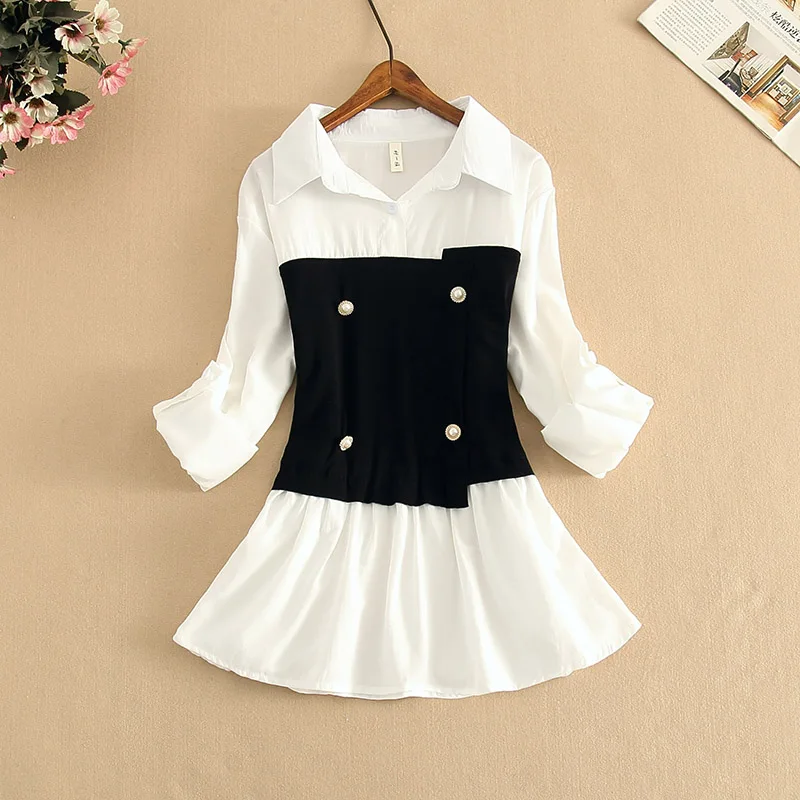 

Women Korean Fashion Blouse Patchwork Fake Two-Piece Shirt Tops Spring Summer Female Elegant Ruffle Chiffon Blusas Shirts New