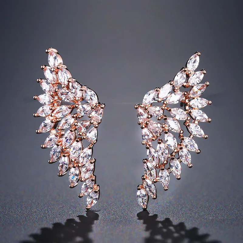 Rose Gold Color 7 ZAKOL, Новое поступление, кубический цирконий, багет, камни, крылья, запонки, для ушей, для личности, Сверкающий Лист, женские свадебные серьги, FSEP2103 - Окраска металла: Rose Gold Color 7