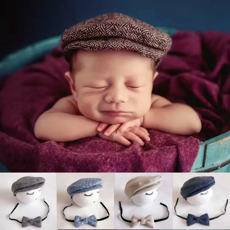 

Cute Newborn Baby Hats Peaked Beanie Cap Hat + Bow Tie Photo Photography Prop Infant Boy Caps