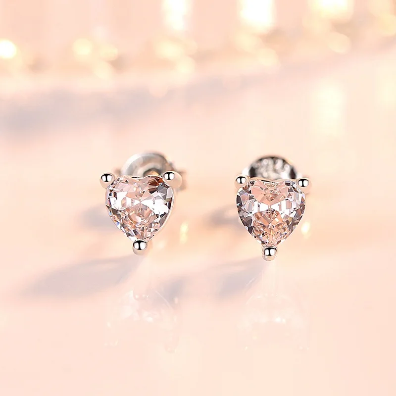 Cute Romantic Simple Style Stud Earrings Romantic Pink Heart Zirconia Stone Minimal Earring Piercing Cartilage Nail For Women