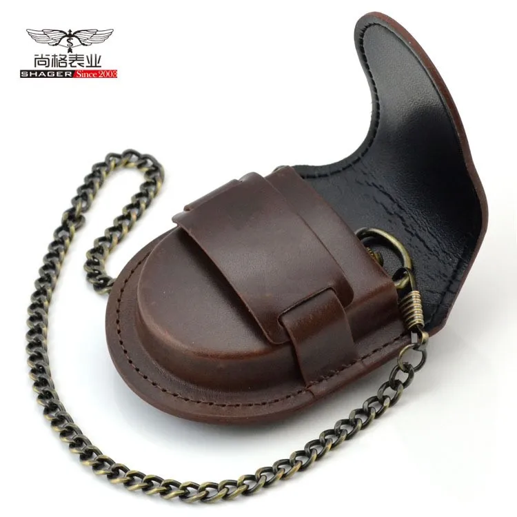 Fashion Male Back Brown Cover Vintage Classic Pocket Watch Box Holder Storage Case Coin Purse Pouch Bag With Chain