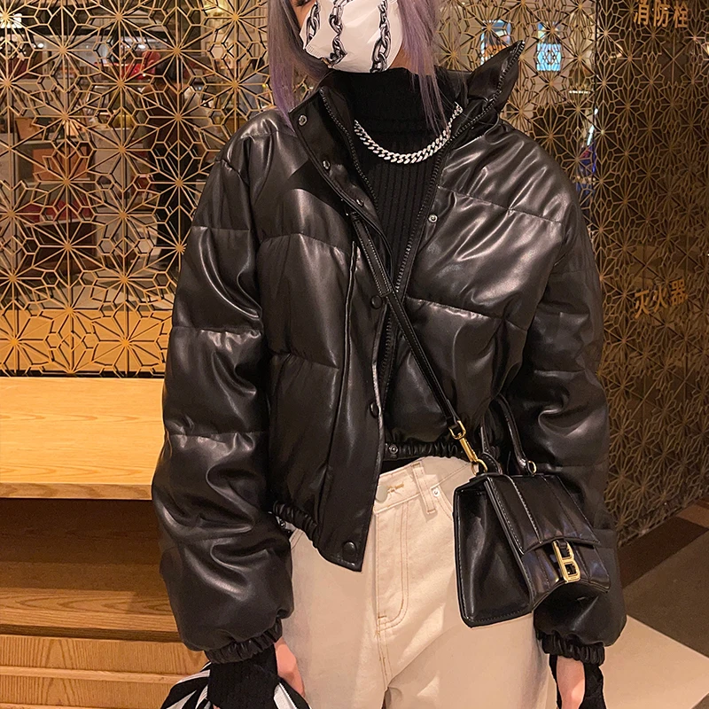 

FMFSSOM Winter Long Sleeve Black Short Cotton Jacket Leather Pu Women Coats Casual Streetwear Warm Lady Office Windproof Outwear