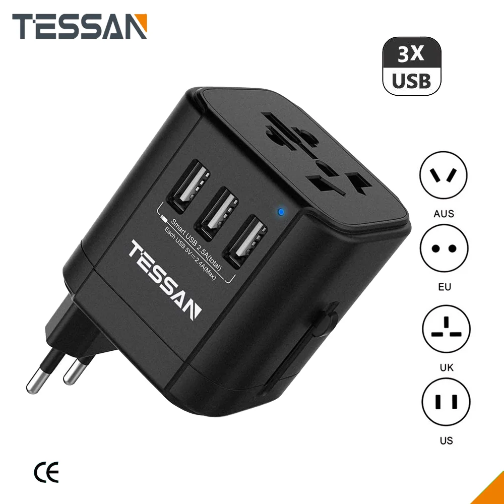 Дорожный переходник с 3 USB портами 1 неразъемным розеткой и запасным