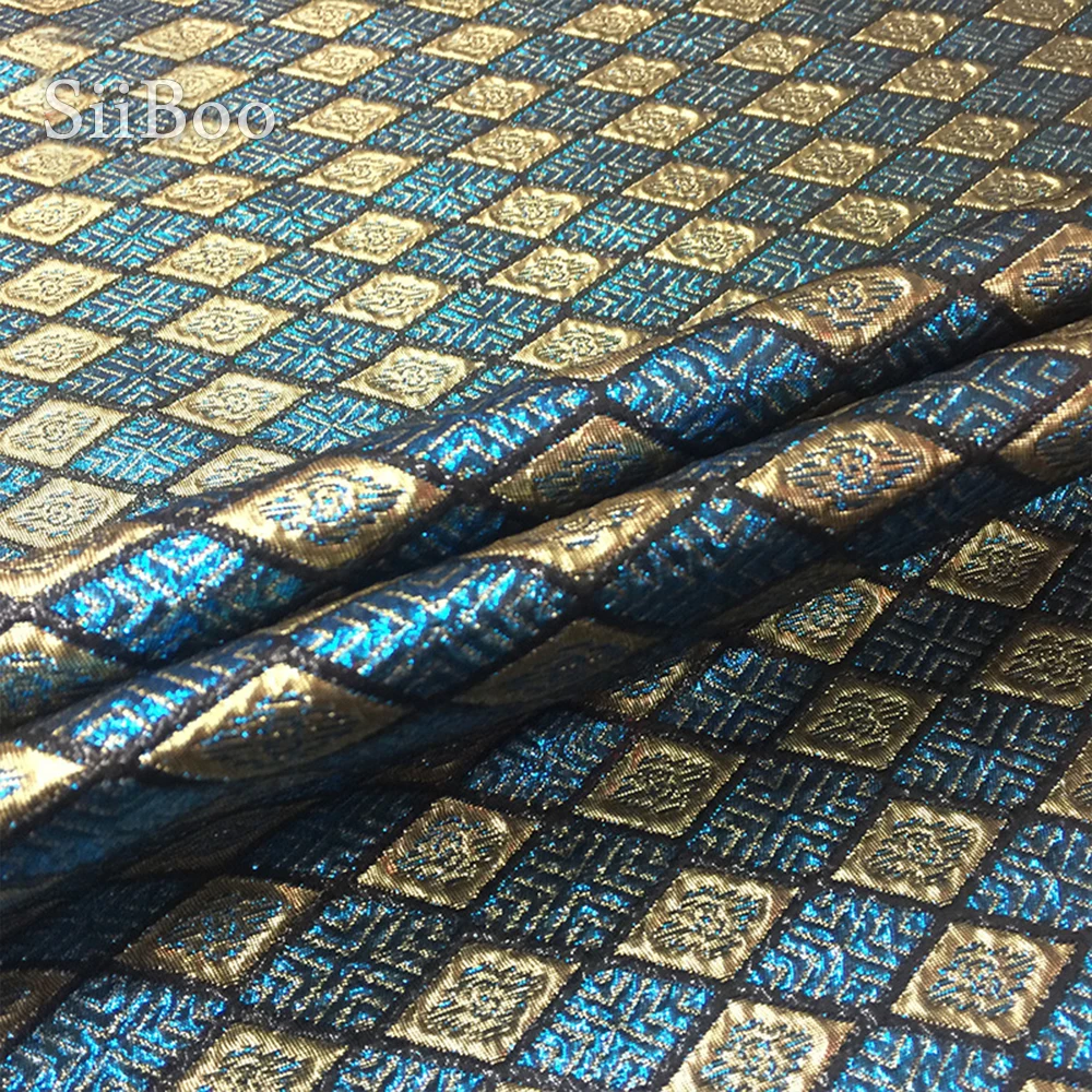 Жаккардовая ткань с геометрическим рисунком голубого и золотого цвета | Дом сад