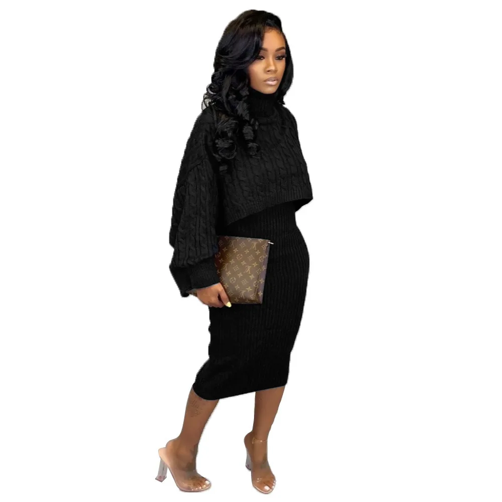 Black Autumn Winter Knitted Sweater Two Piece Set Turtleneck Long Sleeve Loose Crop Top+ Bandage Midi Tank Dress Plus Size Tracksuit - Цвет: Black