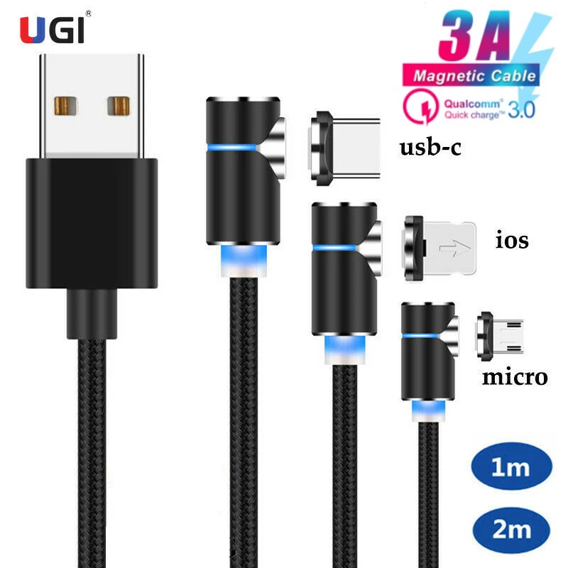 

UGI 3A Magnetic Fast Charging Cable QC3.0 QC2.0 Type C Cable USB C Cable For IOS Micro USB Data Sync Mobile Phone Cable L Shape