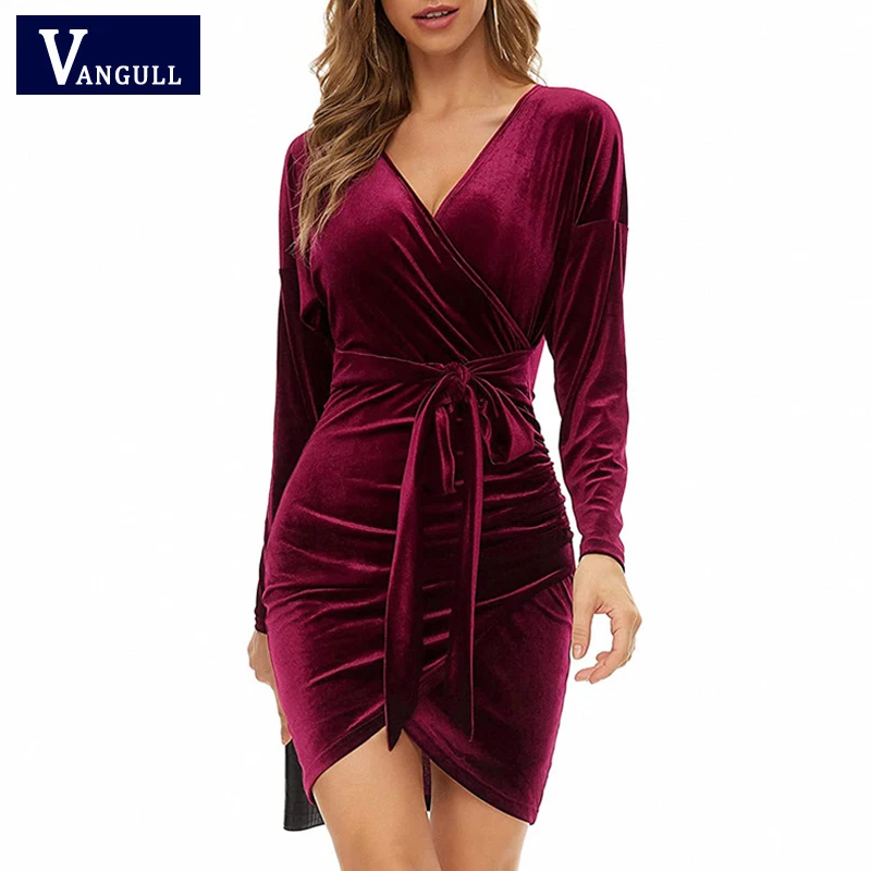 

Vangull Solid Skinny Dress Women Spring Sexy V-Neck Female Party Dress Slim Long Sleeve Belt Pleated Irregular Lady Mini Dress