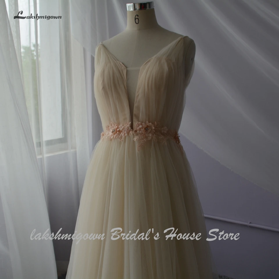 Lakshmigown ТРАПЕЦИЕВИДНОЕ ПЛАТЬЕ невесты из тюля Robe Mariee шампанское Бохо Свадебные платья Кристалл Mariage длинное свадебное платье на заказ