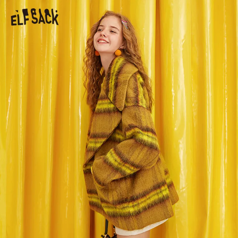 Женское прямое шерстяное пальто ELFSACK повседневное теплое двубортное в клетку с