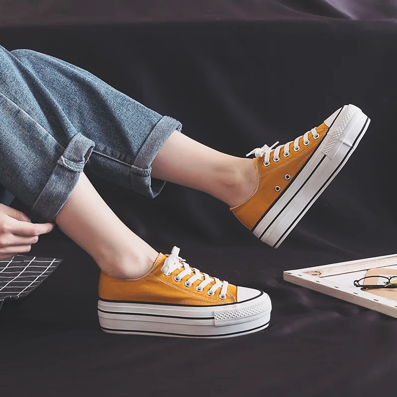 Осень 2019 Студенческая женская обувь с рифленой подошвой парусиновая для отдыха
