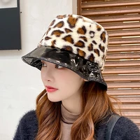 new style celebrity leopard print fisherman hat woman bright pu brim versatile autumn winter velvet warm plush basin bucket hats