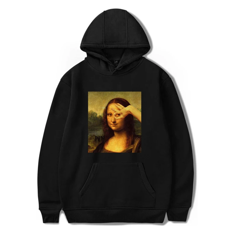 Mona Lisa cartoon funny print Men's sweatshirts Clothes Harajuku fashion Hip-hop Unisex Tops spoof Casual Streetwear Hoodies Men | Мужская