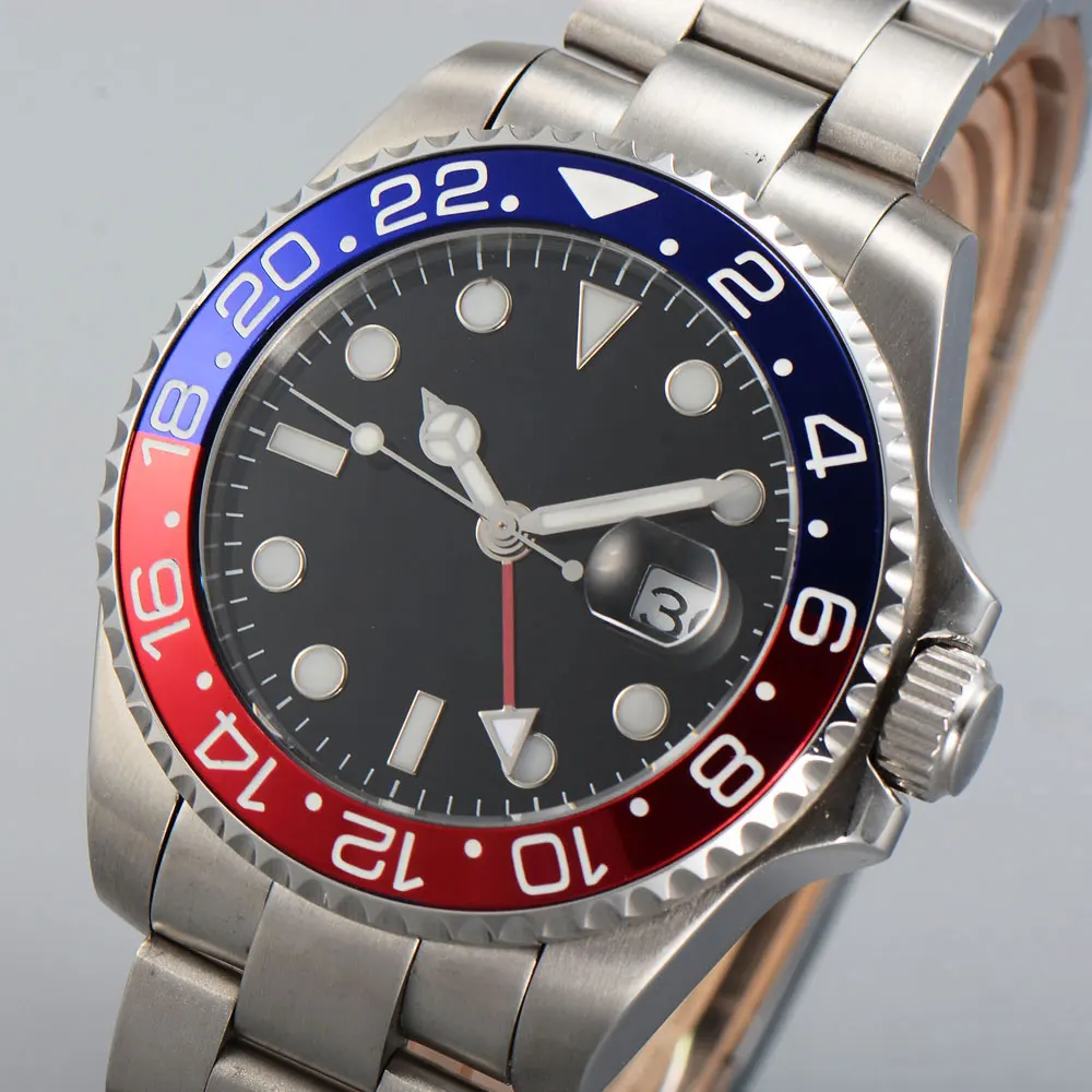 

43MM Black Dial Blue Red Insert Bezel Blue GMT Pointer Sapphire Luminous watch face Marks Automatic Movement Men's Watch