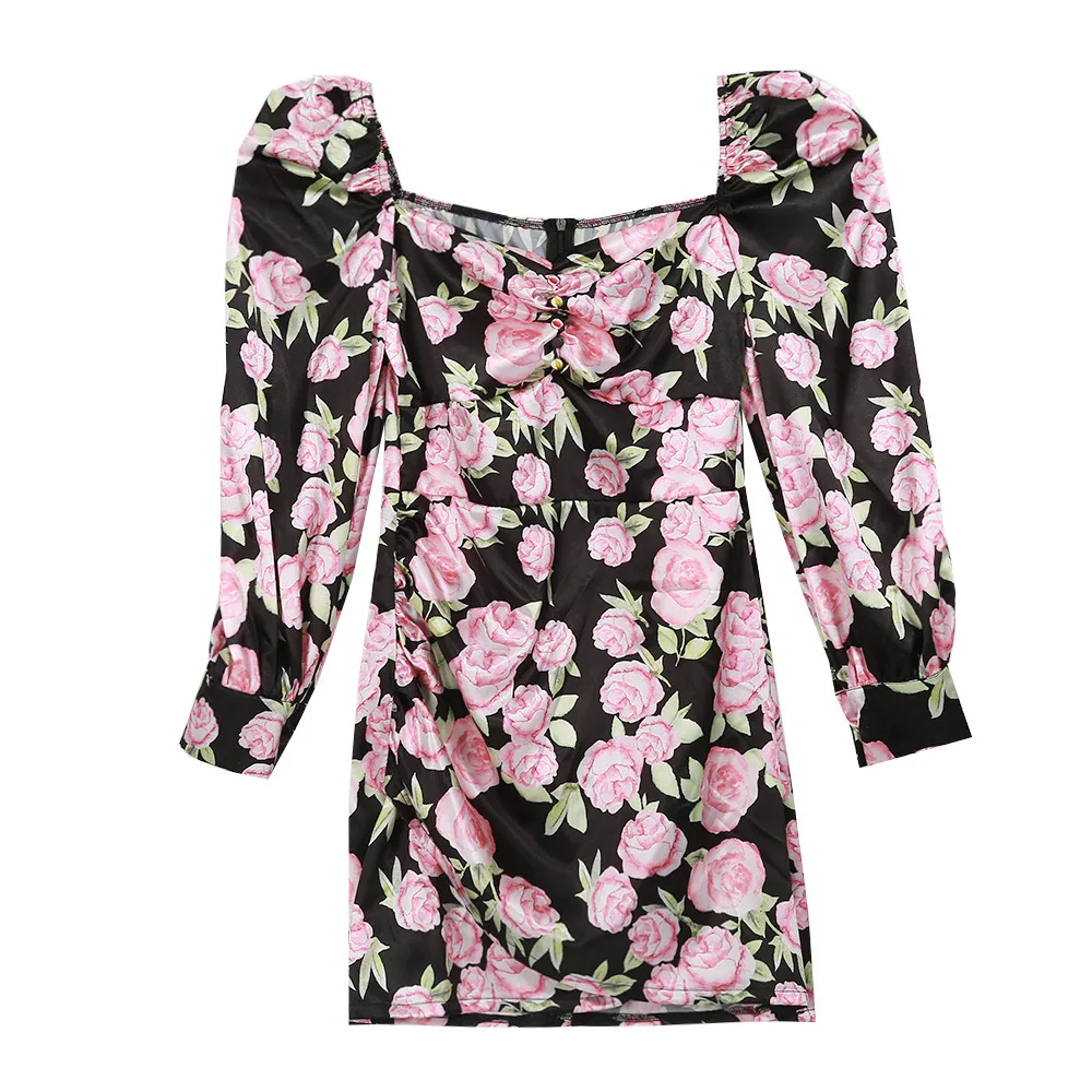 

2019 Fall New Square Collar Floral Print Sexy Backless Dress Chic Fashion Strapless Button Puff Sleeve Mini Club Party Dresses
