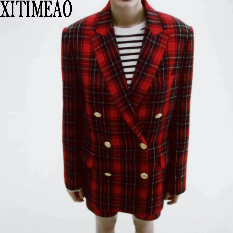 

ZA Women 2021 Fashion Double Breasted Tweed Check Blazers Coat Vintage Female Outerwear And High Waist Shorts 2-piece Set