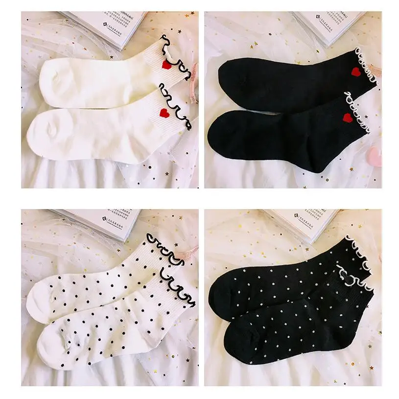 Women Solid Cotton Dots Hearts Striped Crew Socks Girls Lace Ruffles Short Socks Ankle Socks Autumn Winter Socks 8 Pairs/lot