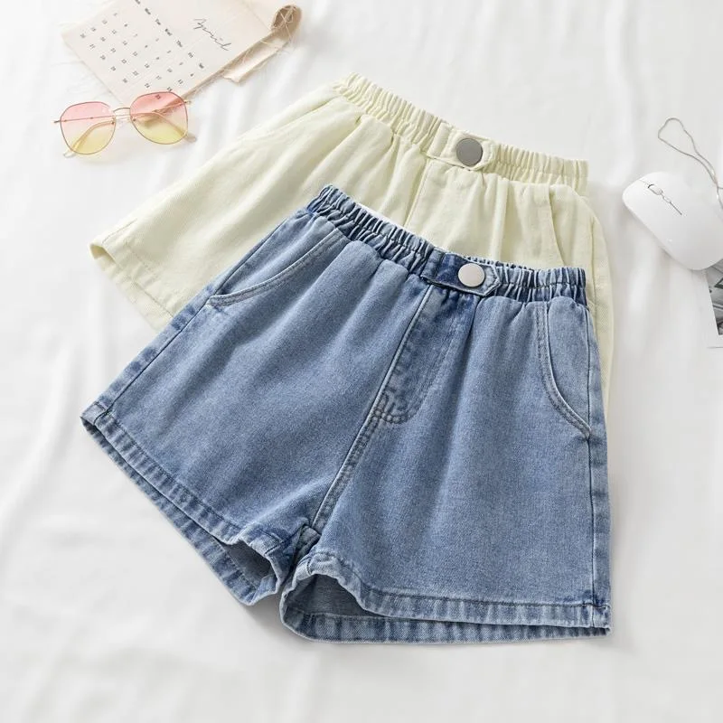 

High-waist Shorts Women Summer Denim Solid A-line Students Korean Style Washed Cuffs All-match Elastic waist Casual Shorts