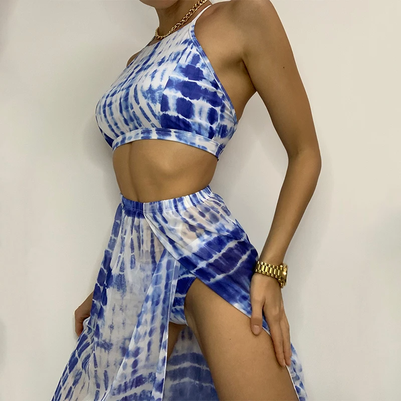 Sexy tie-dye 3 piece swimsuit women Blue lace up bikini 2020 mujer Long skirt swimwear woman High cut bandage beach bathing suit | Женская