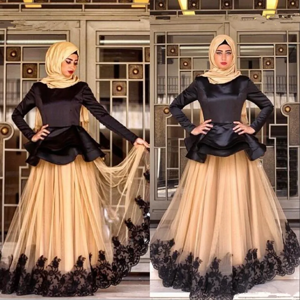 

Vintage Muslim Evening Dresses with Black Lace Appliques Black and Champagne arabic dubai long sleeve peplum prom party gowns