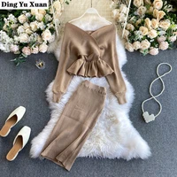 fashion knitted two piece women set ladies skirts and sweater knit 2 pieces long skirt and pullover blouses autumn outfits