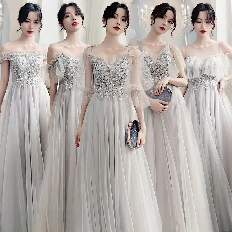 Женское платье для подружки невесты светло серое элегантное выпускного