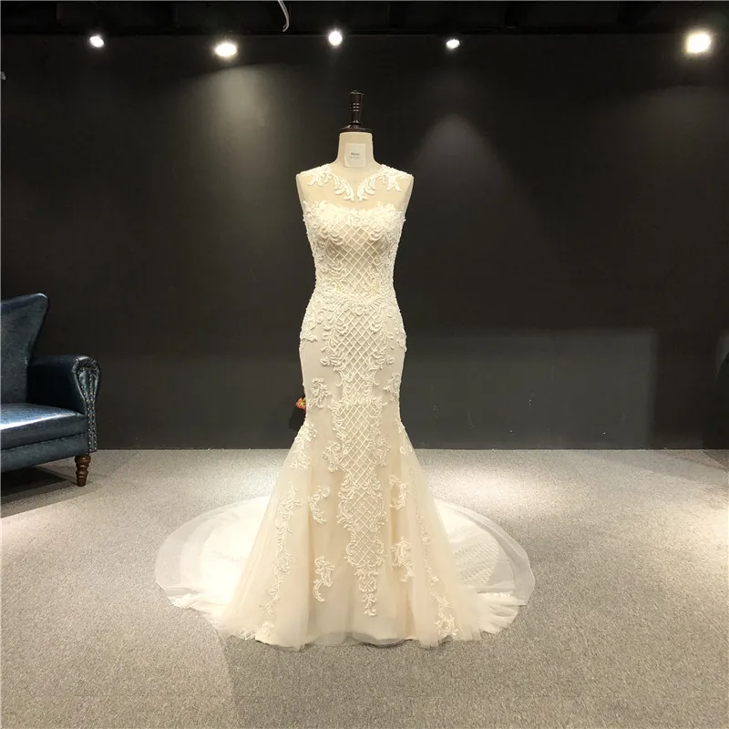 

Новинка 2021, высокое качество, настоящий образец, кружевное свадебное платье цвета шампанского с О-образным вырезом, длиной до пола и шлейфом