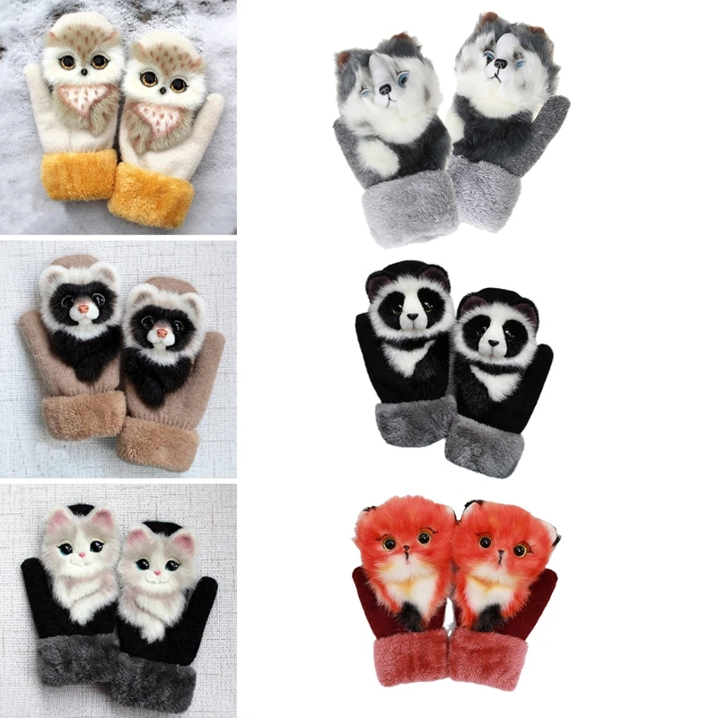 

Women Men Winter Knitted Gloves Cute 3D Fluffy Cartoon Animal Thermal Mittens