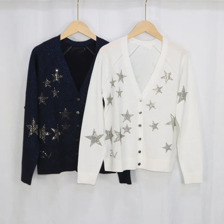 

Женский трикотажный кардиган со звездами, блестящий однобортный свитер с V-образным вырезом и длинным рукавом, осень 2021