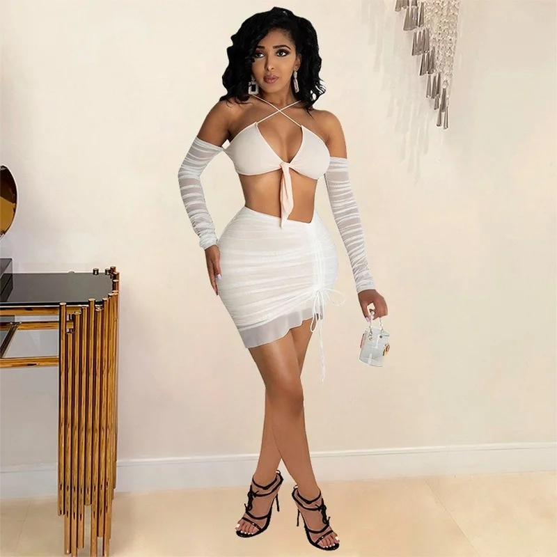 

Donsignet Women Suit Off-shoulder Bow Strapless Sexy 2-piece Conjunto Feminino Women Crop Top and Skirt Set Two Piece Outfits