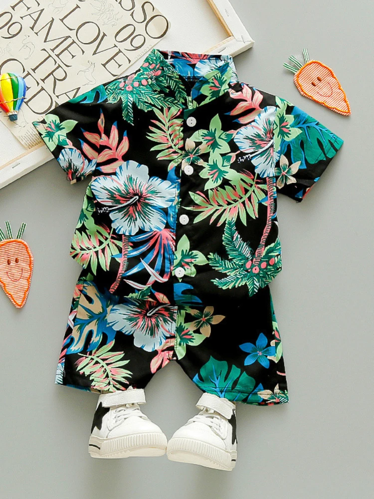 

Children's suit, single-breasted shirt, full print of big flowers casual western style two-piece set of boys clothing kids